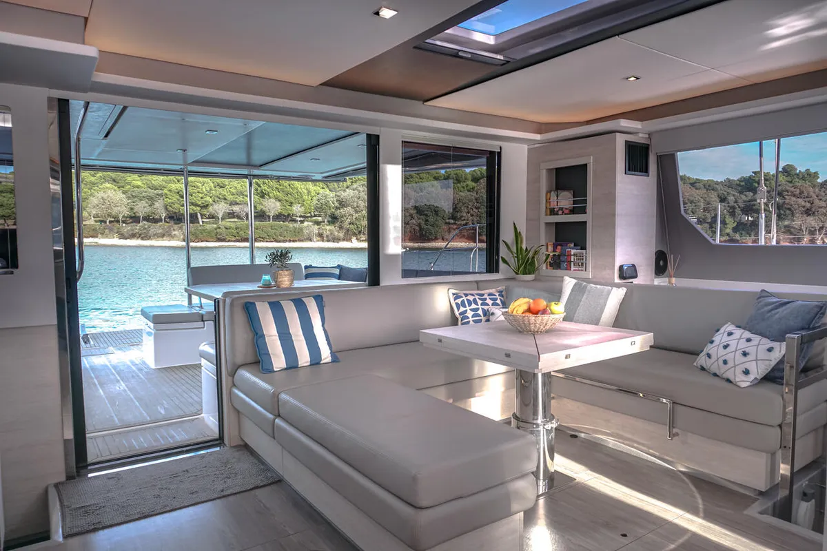 Salon of Solaia, a Leopard 50 catamaran at Sukošan, Croatia