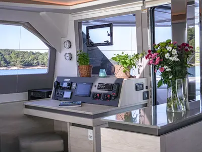 Cockpit of Solaia, a Leopard 50 catamaran at Sukošan, Croatia