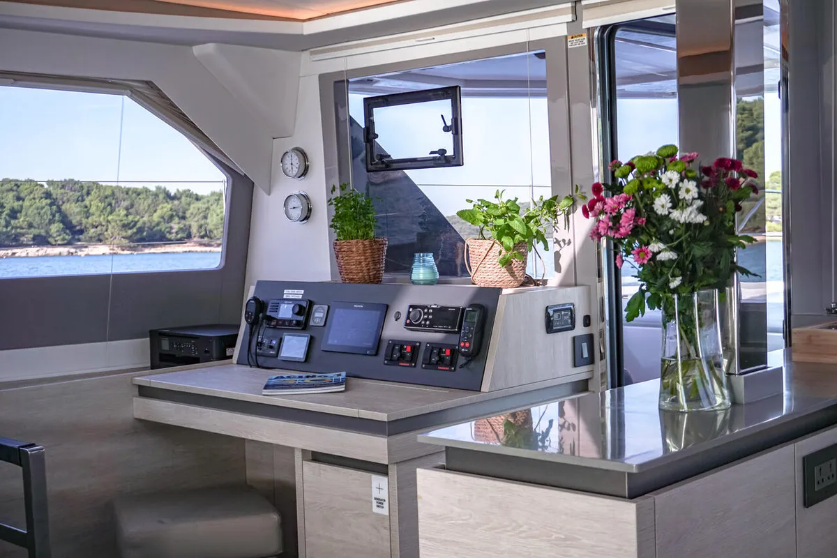 Cockpit of Solaia, a Leopard 50 catamaran at Sukošan, Croatia