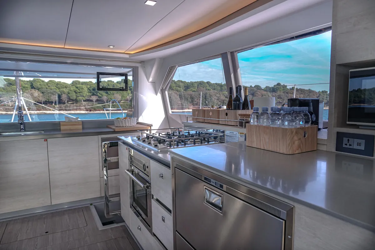 Galley of Solaia, a Leopard 50 catamaran at Sukošan, Croatia