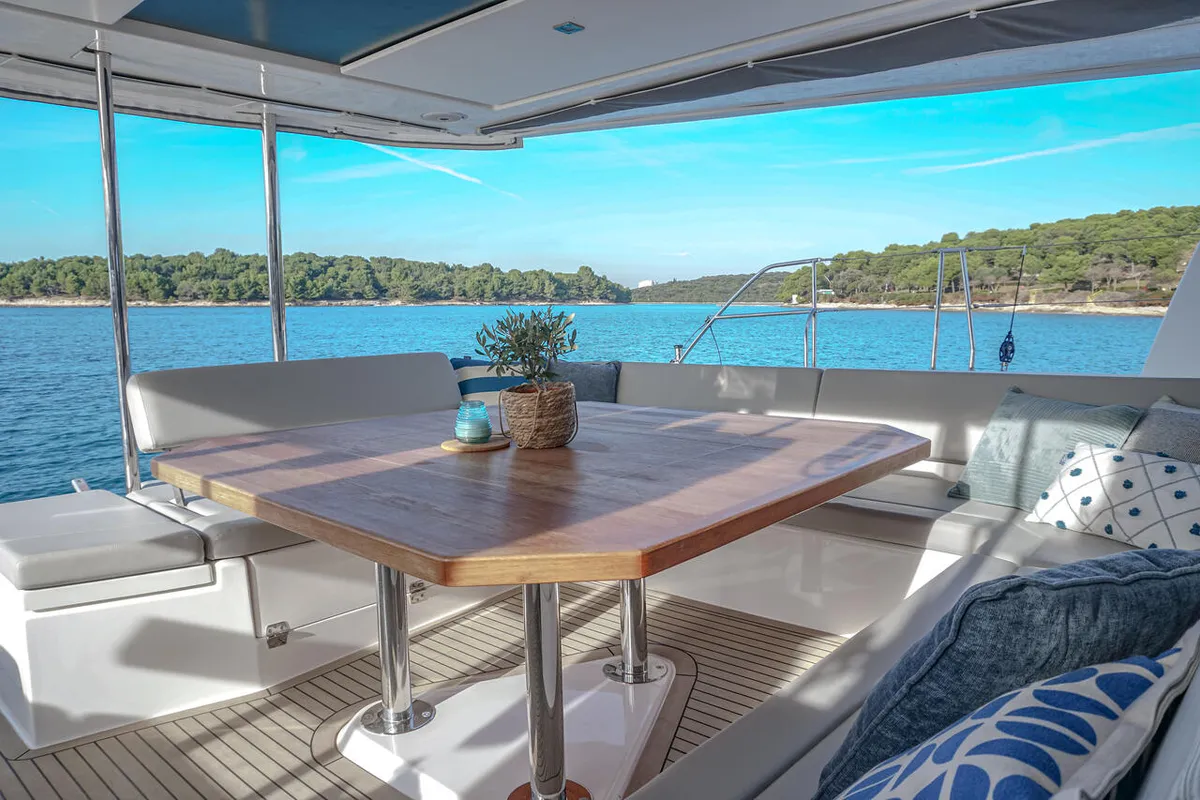 Deck of Solaia, a Leopard 50 catamaran at Sukošan, Croatia