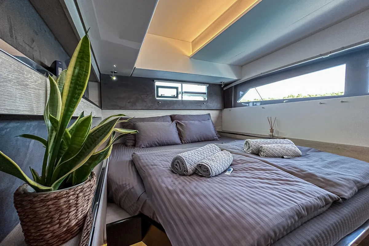 Cabin on Solaia, a Leopard 50 catamaran at Sukošan, Croatia