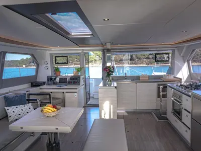 Salon of Solaia, a Leopard 50 catamaran at Sukošan, Croatia