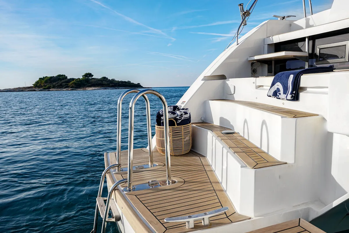 Deck of Solaia, a Leopard 50 catamaran at Sukošan, Croatia