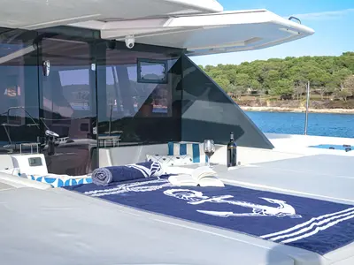Deck of Solaia, a Leopard 50 catamaran at Sukošan, Croatia