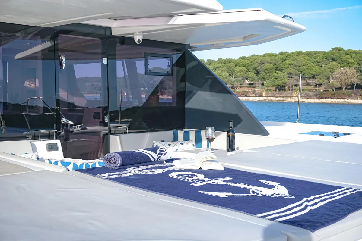 Deck of Solaia, a Leopard 50 catamaran at Sukošan, Croatia