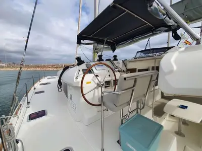 Cockpit of Mia, a Lagoon 400 catamaran at Valencia, Spain