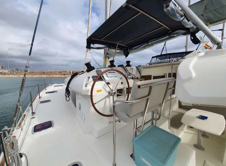 Cockpit of Mia, a Lagoon 400 catamaran at Valencia, Spain