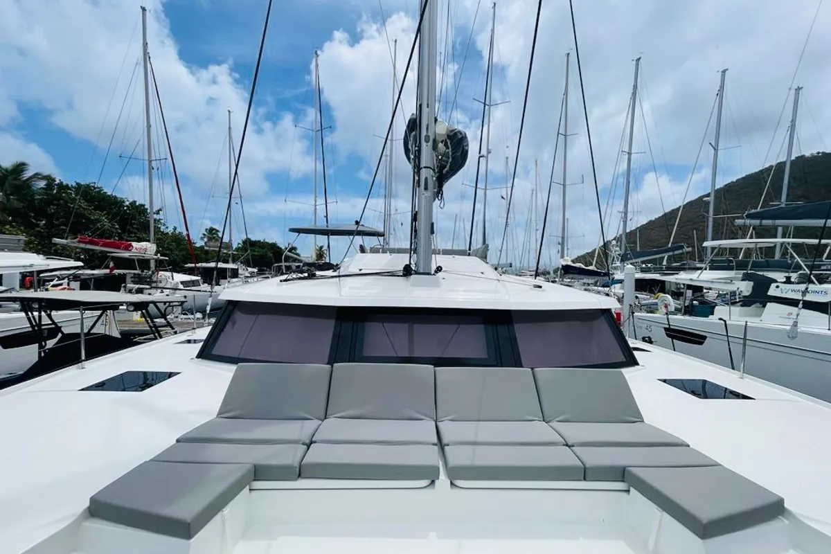 Deck of Pau Hana II, a Fountaine Pajot Elba 45 catamaran at Road Town, British Virgin Islands