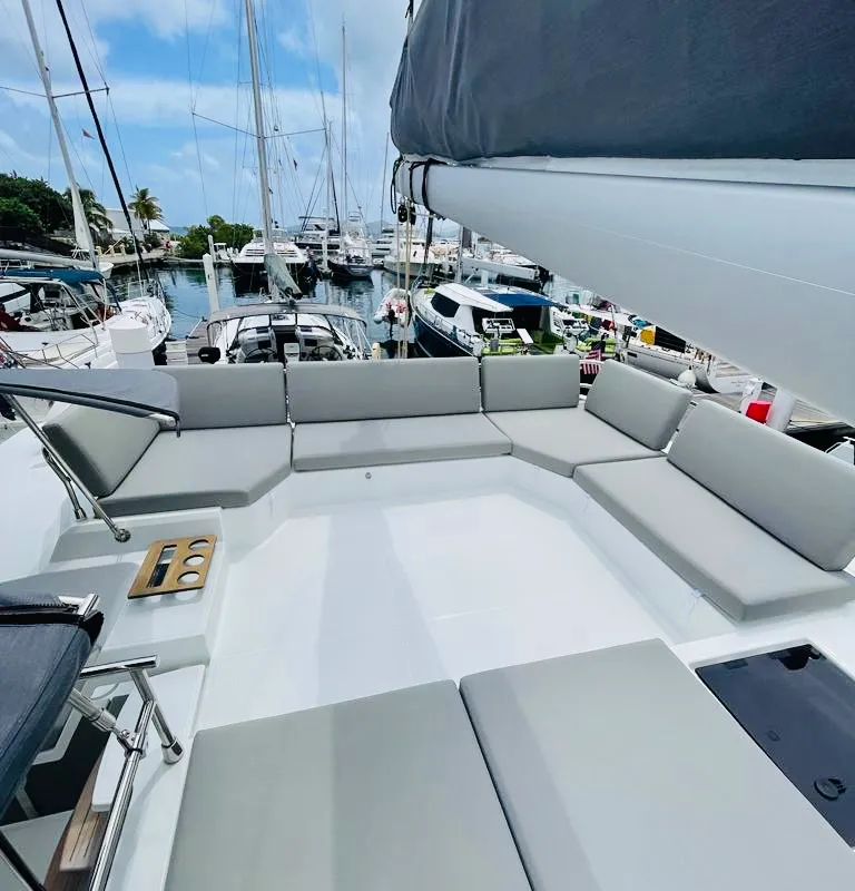Deck of Pau Hana II, a Fountaine Pajot Elba 45 catamaran at Road Town, British Virgin Islands