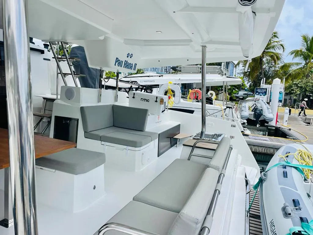 Deck of Pau Hana II, a Fountaine Pajot Elba 45 catamaran at Road Town, British Virgin Islands