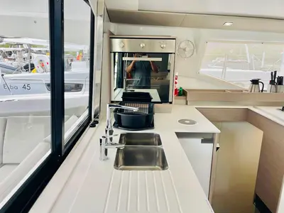 Galley of Pau Hana II, a Fountaine Pajot Elba 45 catamaran at Road Town, British Virgin Islands