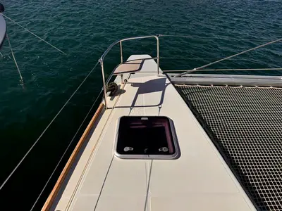 Deck of MADININA, a Lagoon 52F catamaran at Skiathos, Greece