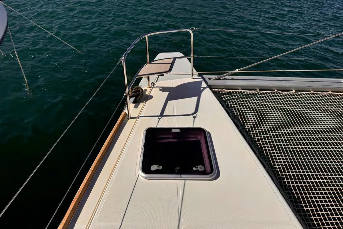 Deck of MADININA, a Lagoon 52F catamaran at Skiathos, Greece