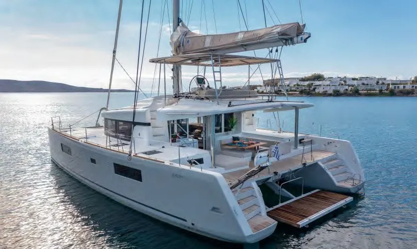 Exterior view of MADININA, a Lagoon 52F catamaran at Skiathos, Greece