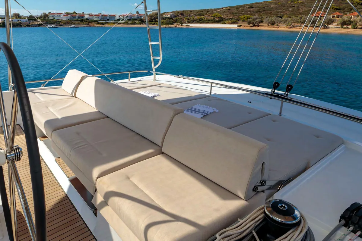 Deck of MADININA, a Lagoon 52F catamaran at Skiathos, Greece