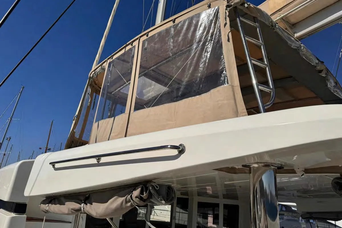 Deck of MADININA, a Lagoon 52F catamaran at Skiathos, Greece