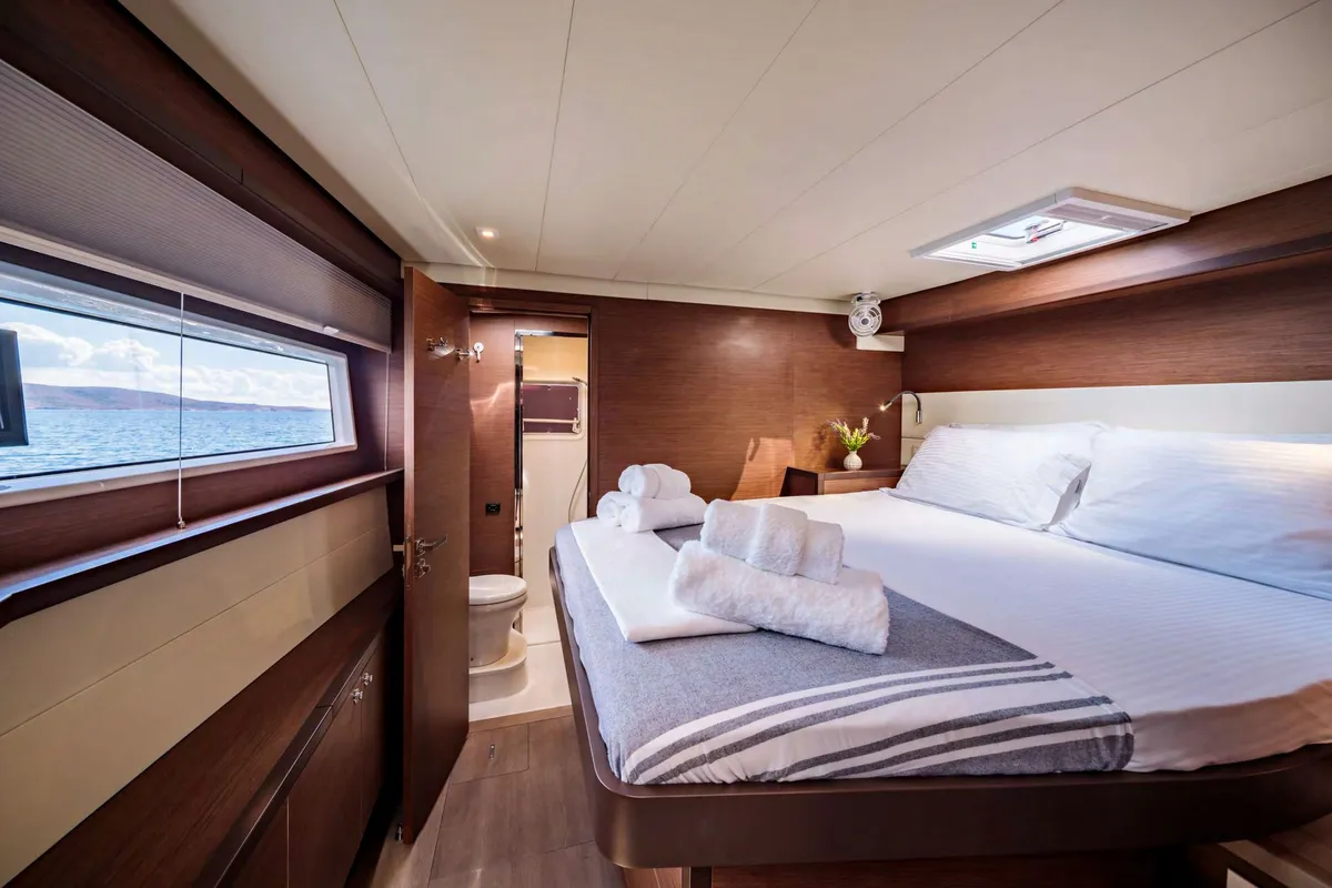 Cabin on MADININA, a Lagoon 52F catamaran at Skiathos, Greece