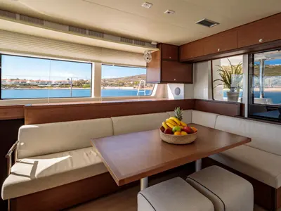 Salon of MADININA, a Lagoon 52F catamaran at Skiathos, Greece