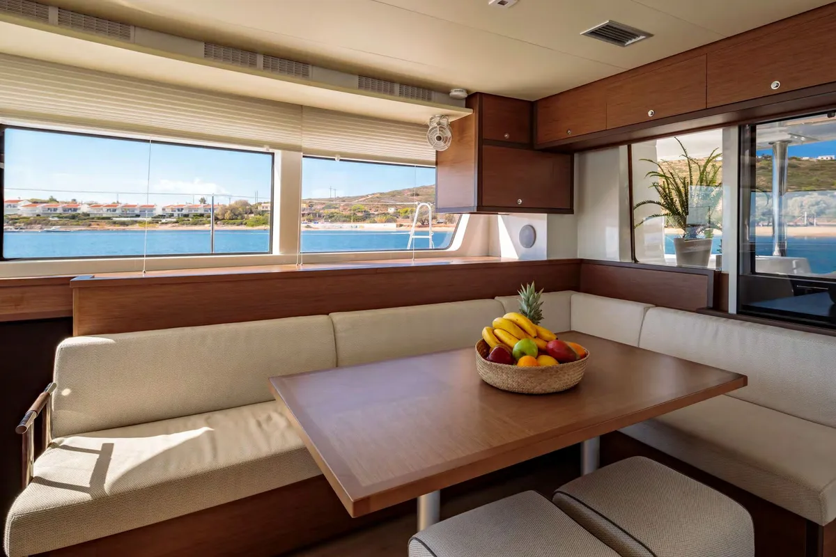 Salon of MADININA, a Lagoon 52F catamaran at Skiathos, Greece