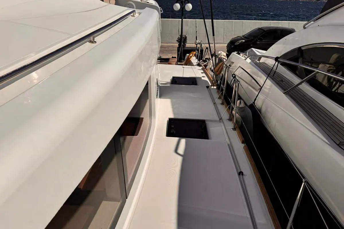 Deck of MADININA, a Lagoon 52F catamaran at Skiathos, Greece