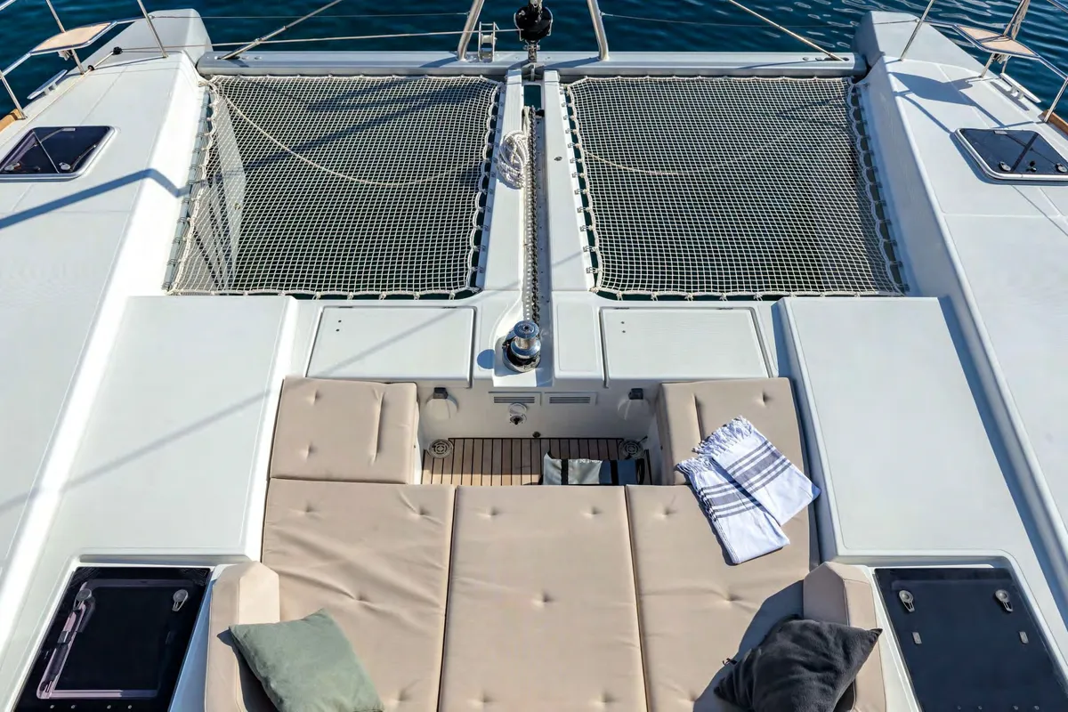 Deck of MADININA, a Lagoon 52F catamaran at Skiathos, Greece