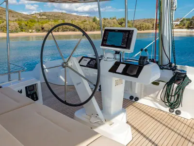 Cockpit of MADININA, a Lagoon 52F catamaran at Skiathos, Greece