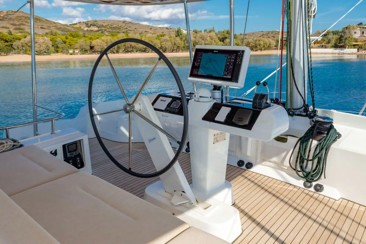 Cockpit of MADININA, a Lagoon 52F catamaran at Skiathos, Greece