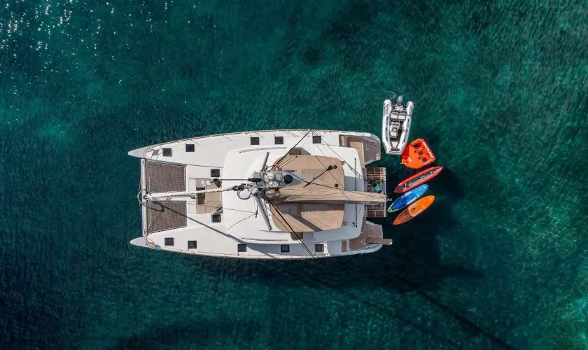 Exterior view of MADININA, a Lagoon 52F catamaran at Skiathos, Greece