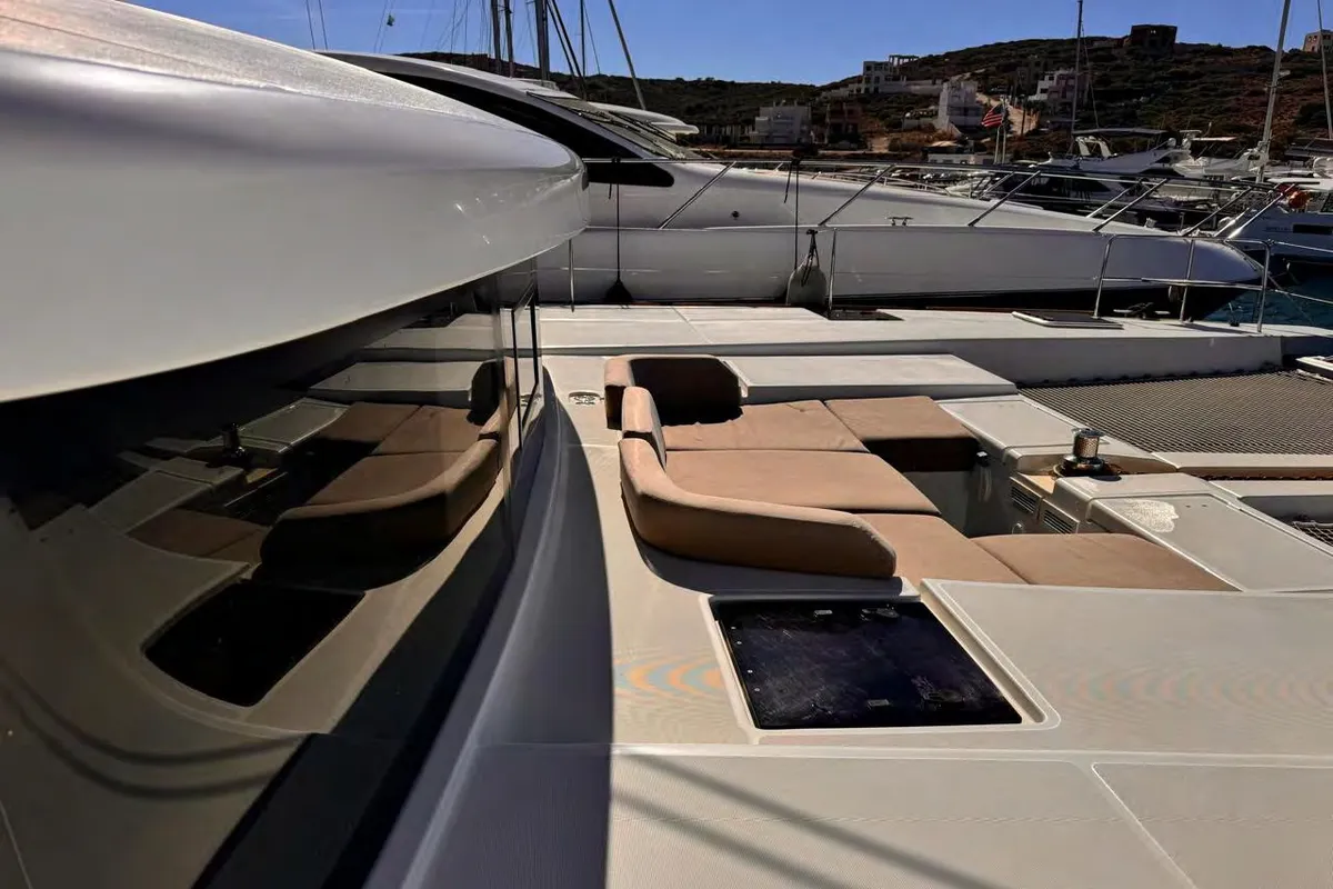 Deck of MADININA, a Lagoon 52F catamaran at Skiathos, Greece