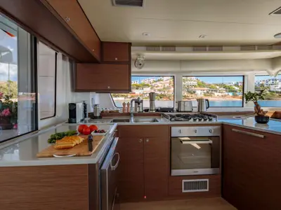 Galley of MADININA, a Lagoon 52F catamaran at Skiathos, Greece