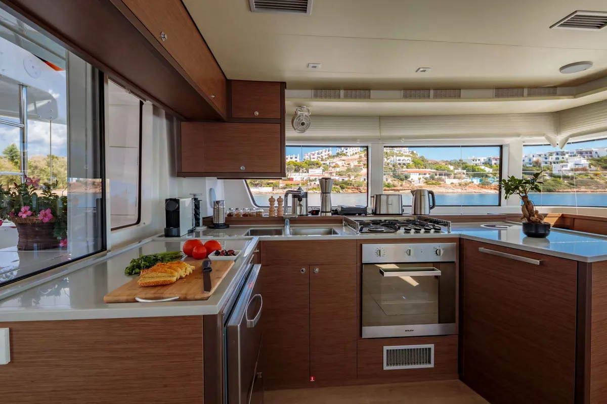 Galley of MADININA, a Lagoon 52F catamaran at Skiathos, Greece