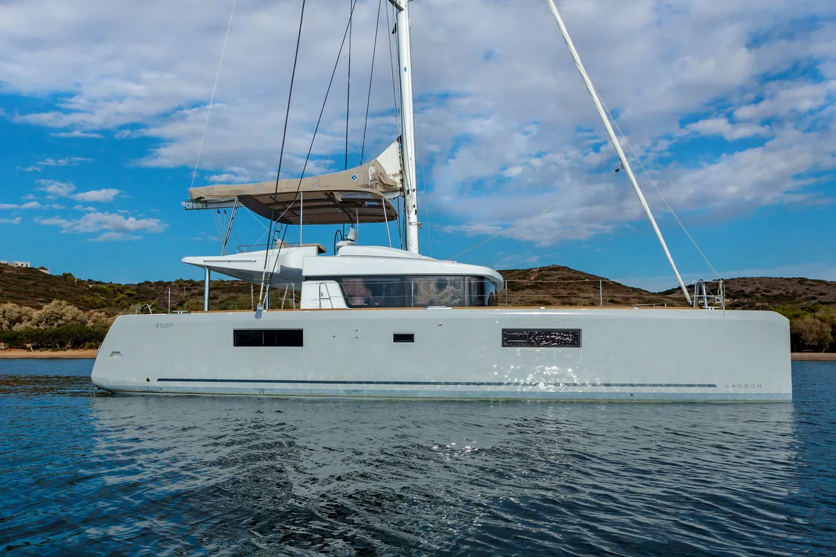 Exterior view of MADININA, a Lagoon 52F catamaran at Skiathos, Greece