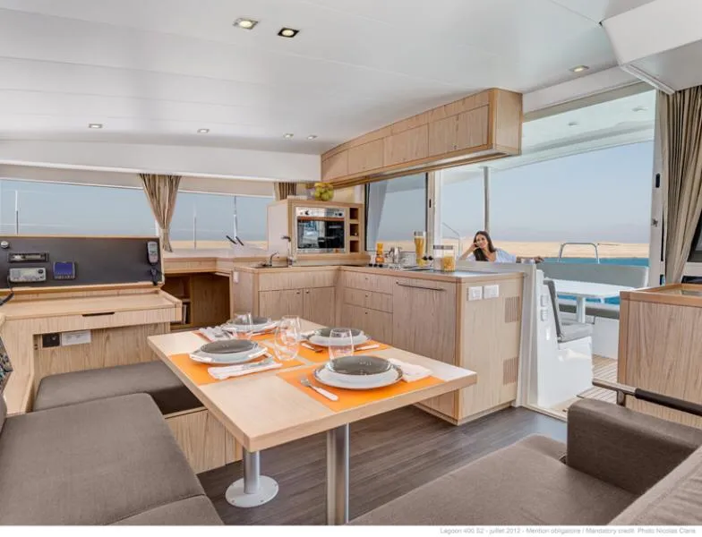 Salon of Mare Quiero, a Lagoon 400 S2 catamaran at Bodrum, Turkey
