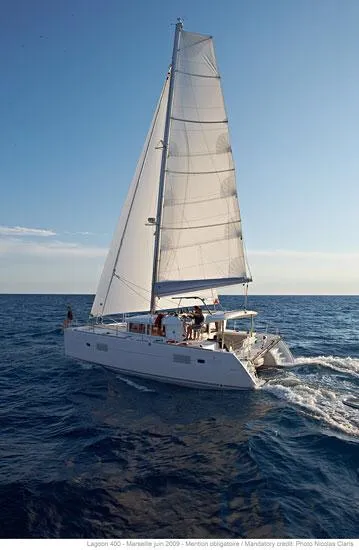 Exterior view of Mare Quiero, a Lagoon 400 S2 catamaran at Bodrum, Turkey