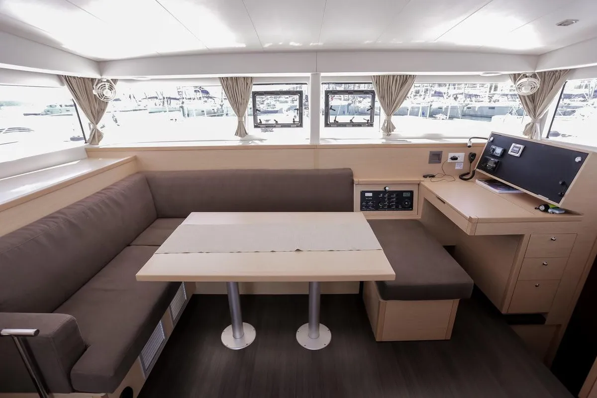 Salon of Mare Quiero, a Lagoon 400 S2 catamaran at Bodrum, Turkey