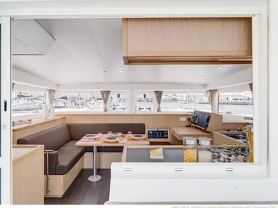 Salon of Mare Quiero, a Lagoon 400 S2 catamaran at Bodrum, Turkey