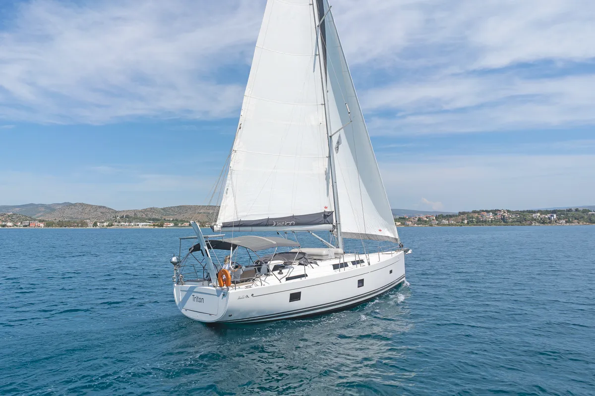 Exterior view of Triton, a Hanse 458 sailboat at Municipal Unit of Rhodes, Greece