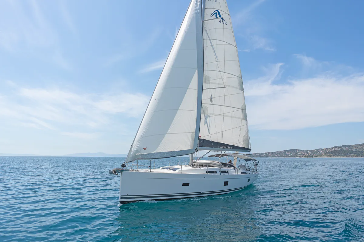 Exterior view of Triton, a Hanse 458 sailboat at Municipal Unit of Rhodes, Greece
