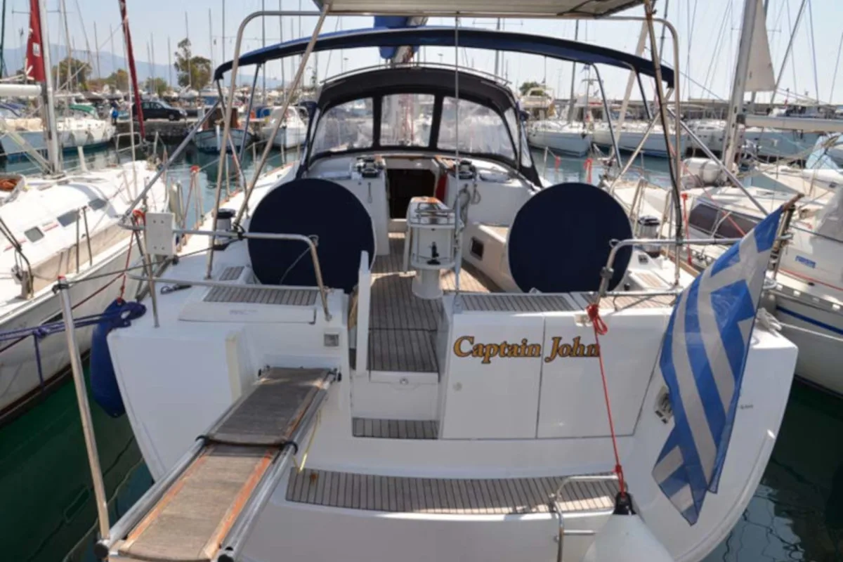 Exterior view of Captain John, a Beneteau Oceanis 54 sailboat at Athens, Greece