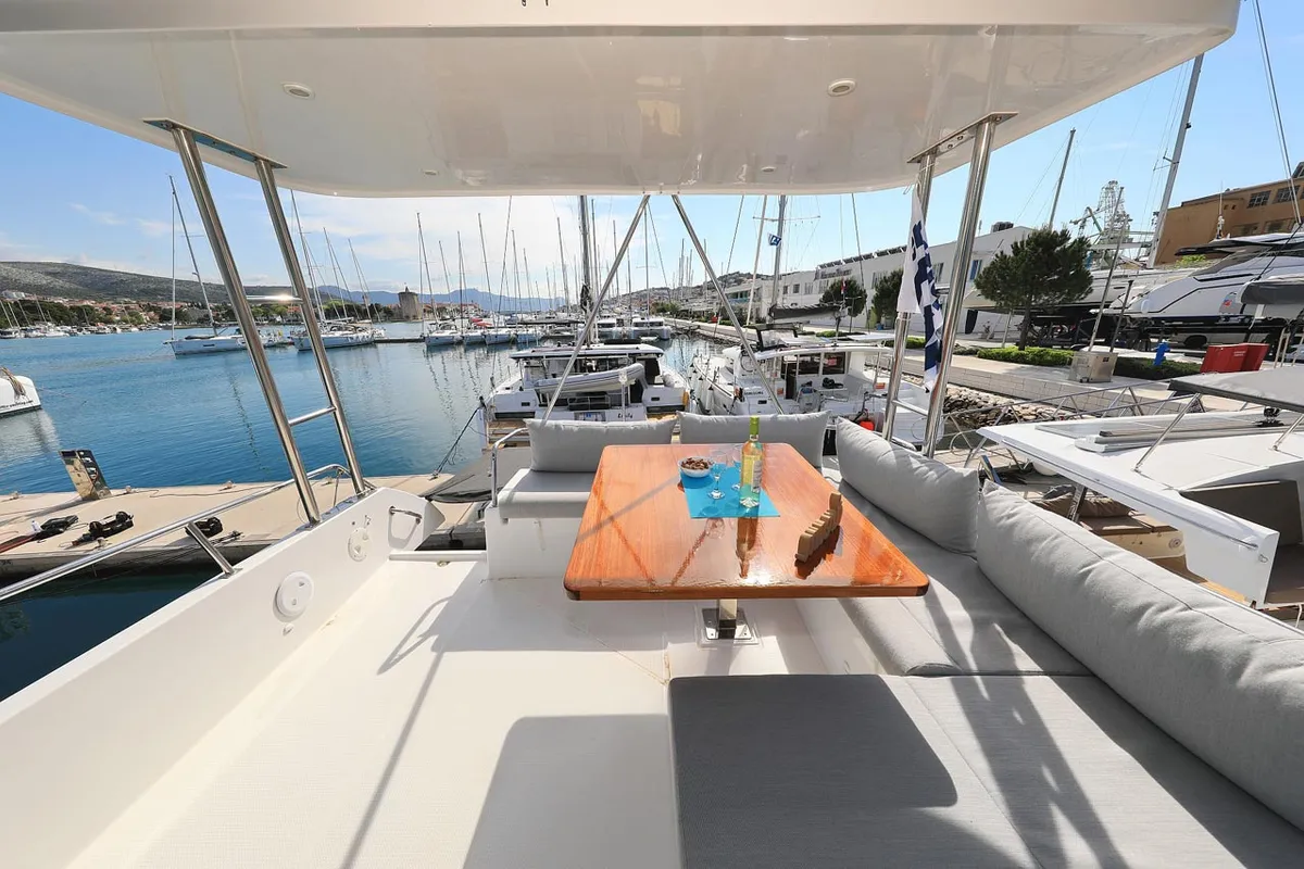 Deck of Marlie, a Fountaine Pajot MY 37 catamaran at Grad Trogir, Croatia