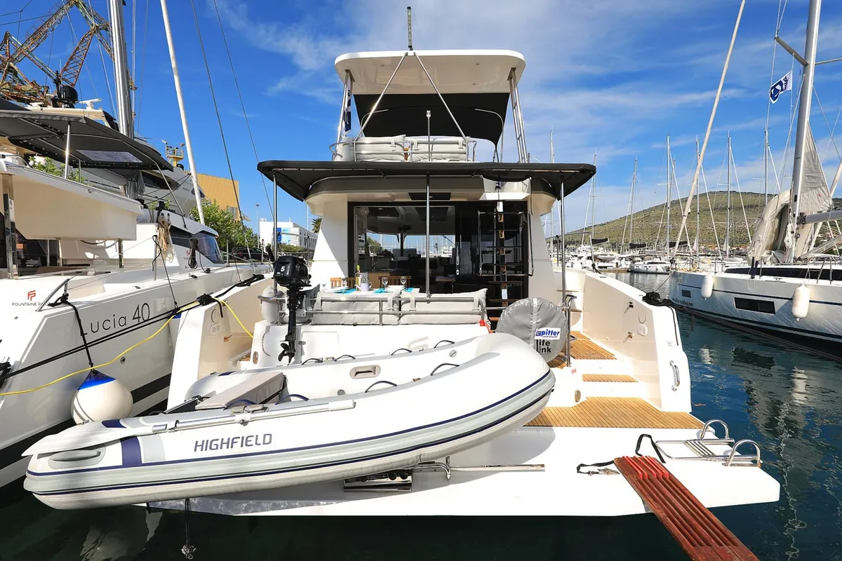 Exterior view of Marlie, a Fountaine Pajot MY 37 catamaran at Grad Trogir, Croatia