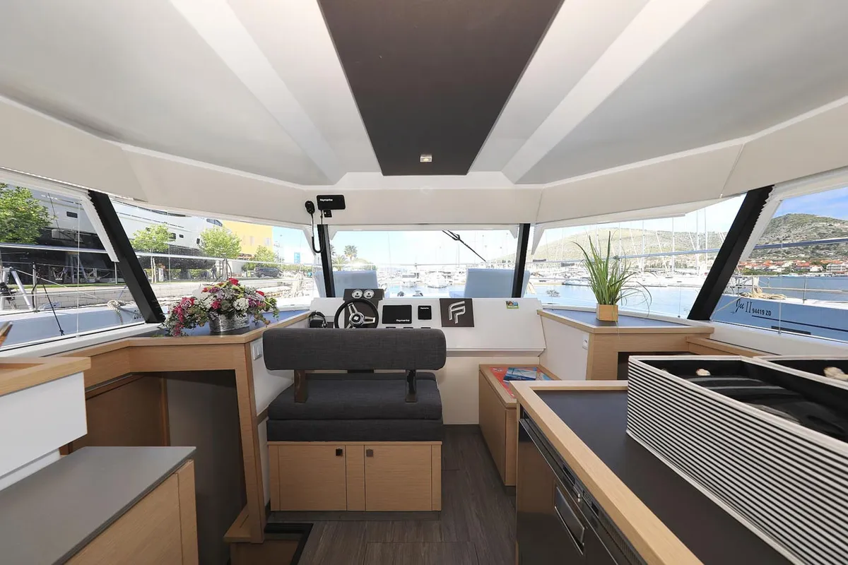 Cockpit of Marlie, a Fountaine Pajot MY 37 catamaran at Grad Trogir, Croatia