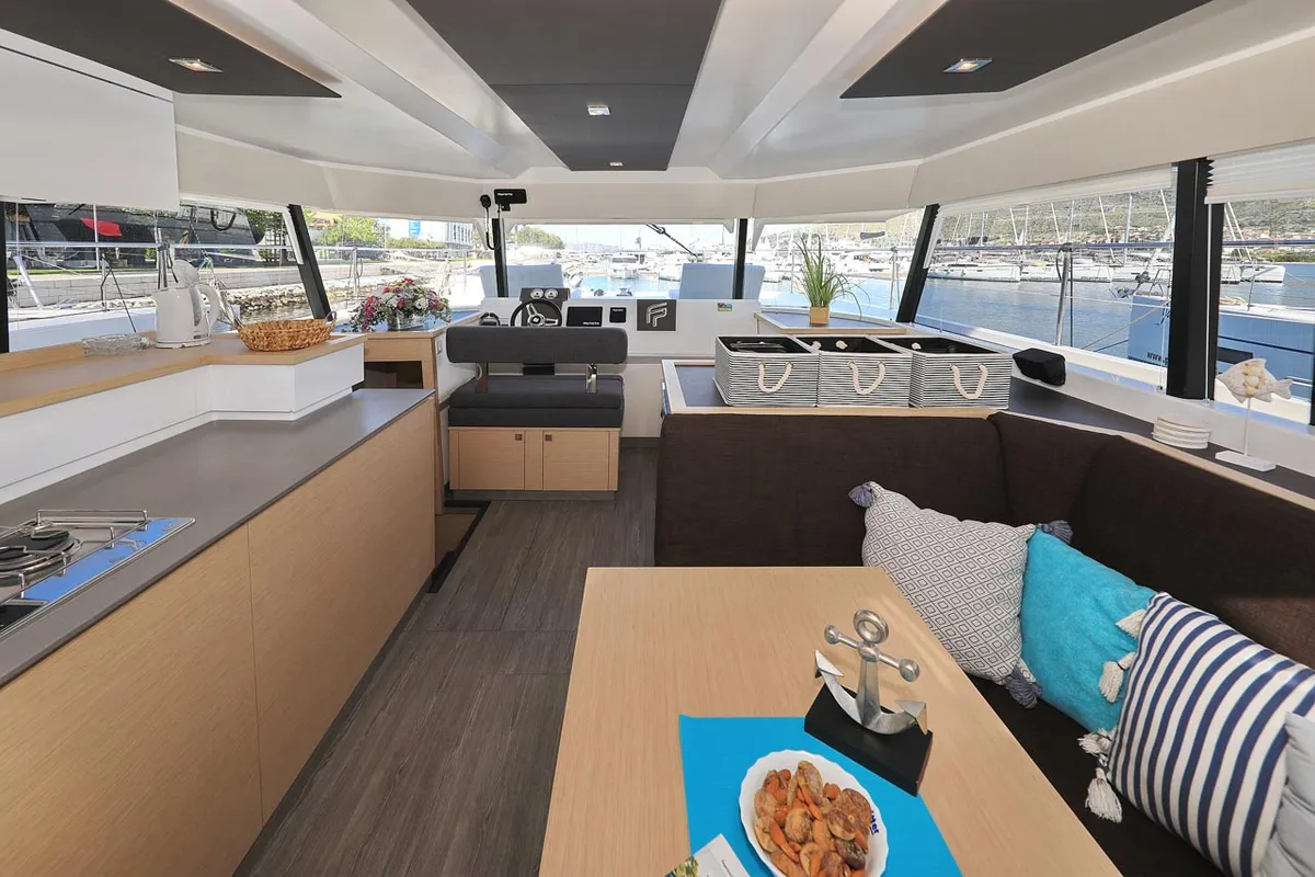 Salon of Marlie, a Fountaine Pajot MY 37 catamaran at Grad Trogir, Croatia