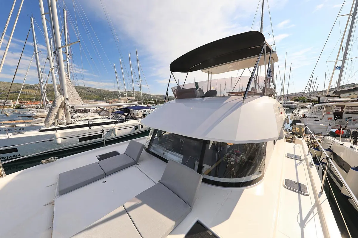 Deck of Marlie, a Fountaine Pajot MY 37 catamaran at Grad Trogir, Croatia