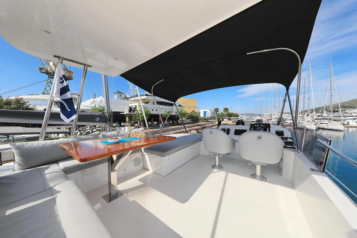 Deck of Marlie, a Fountaine Pajot MY 37 catamaran at Grad Trogir, Croatia