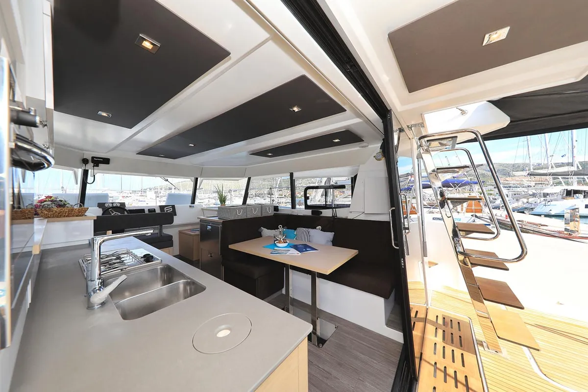 Salon of Marlie, a Fountaine Pajot MY 37 catamaran at Grad Trogir, Croatia