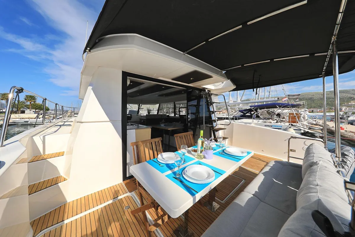 Deck of Marlie, a Fountaine Pajot MY 37 catamaran at Grad Trogir, Croatia