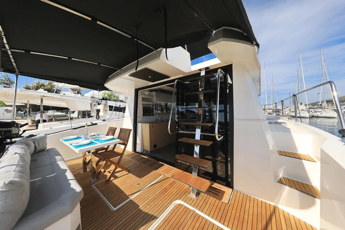 Deck of Marlie, a Fountaine Pajot MY 37 catamaran at Grad Trogir, Croatia