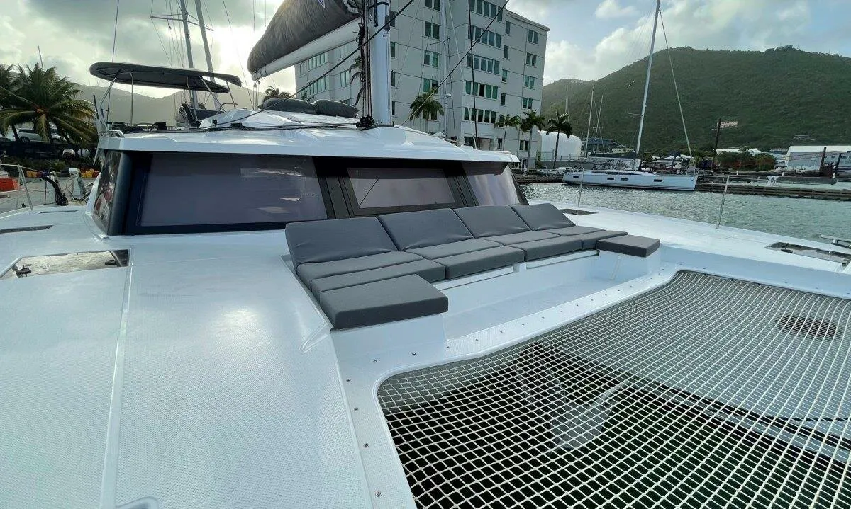 Deck of Ogibni, a Fountaine Pajot Elba 45 catamaran at Road Town, British Virgin Islands